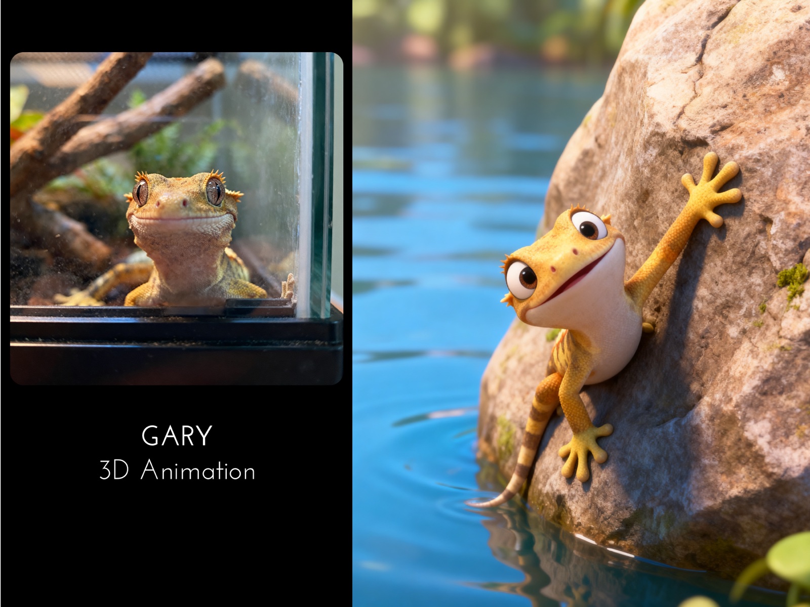 Gary — photo of a crested gecko in a terrarium transformed into a Pixar-style 3D animated character on a rock by water
