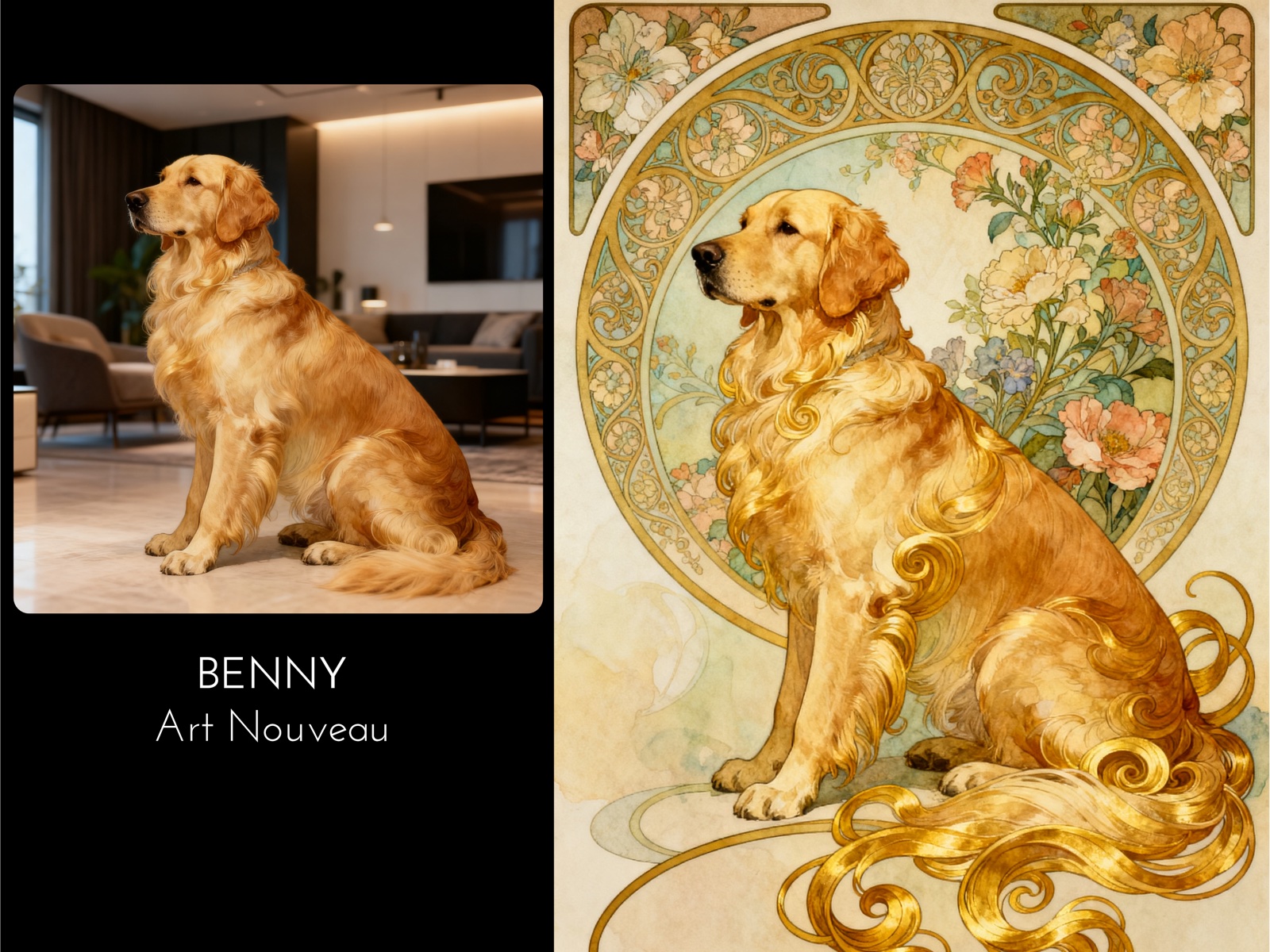 Benny — photo of a golden retriever transformed into an Art Nouveau decorative portrait