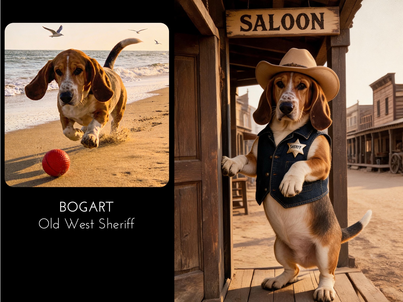Bogart — photo of a Basset hound running on the beach transformed into an Old West sheriff in a vest and cowboy hat at a saloon