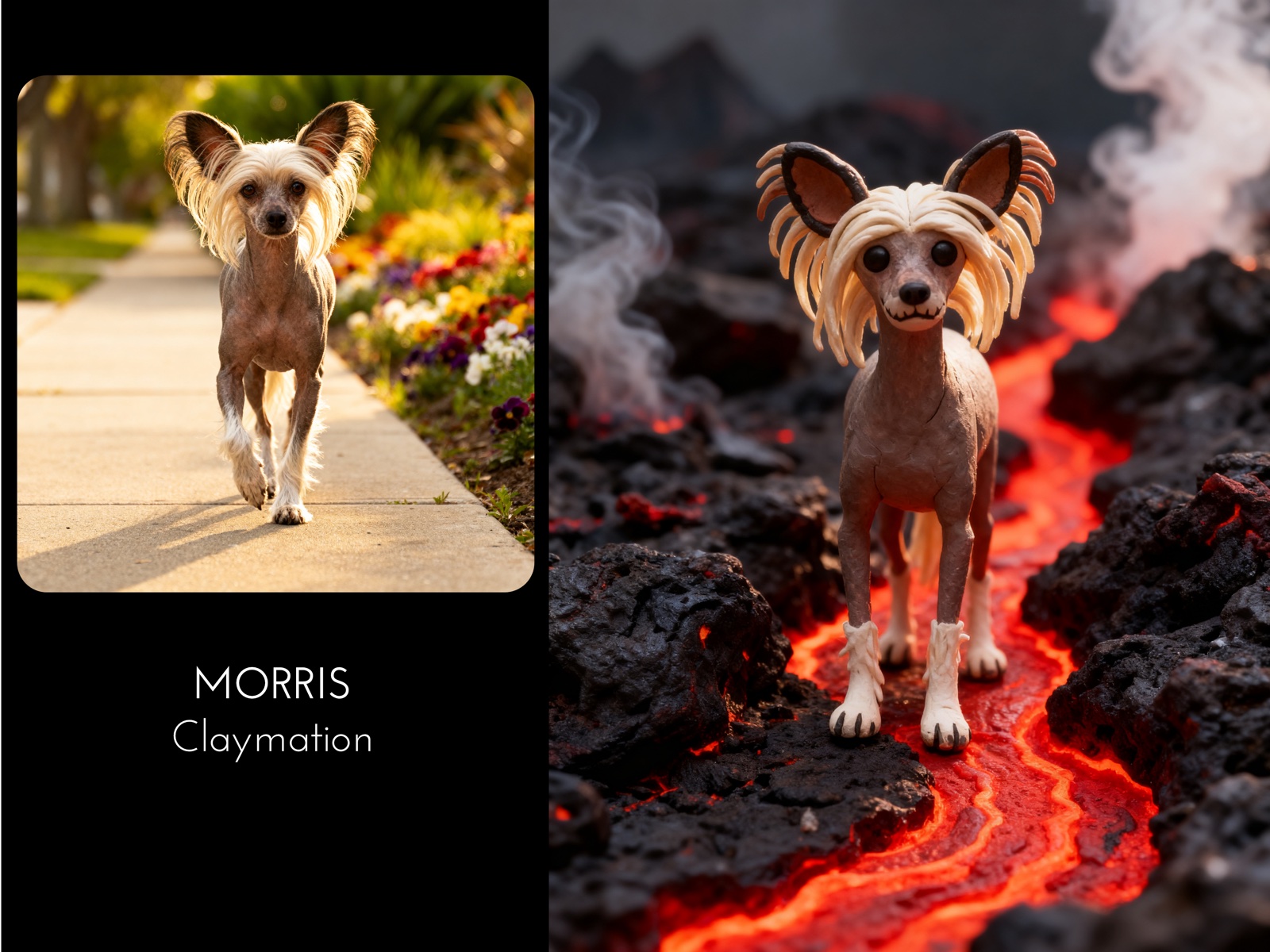 Morris — photo of a Chinese Crested dog on a sidewalk transformed into a Claymation figure on a lava landscape