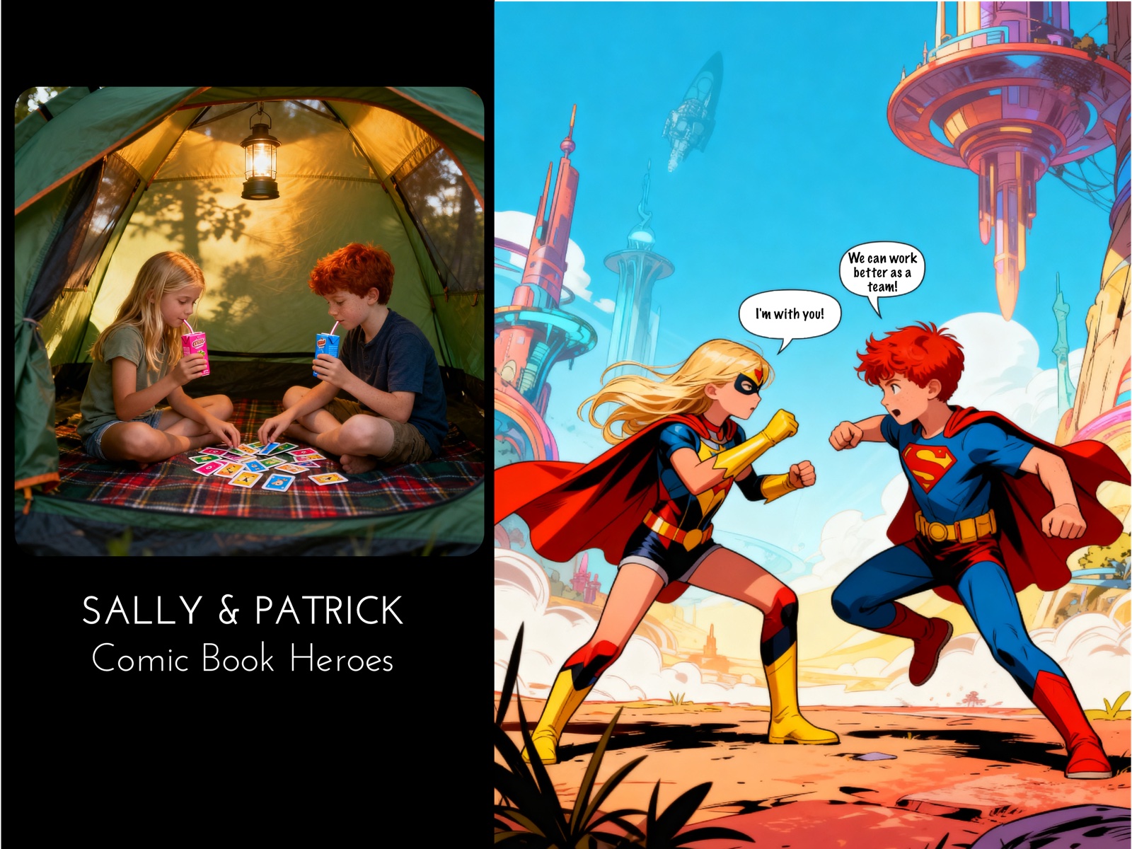 Sally & Patrick — photo of two kids in a tent transformed into Comic Book Heroes in capes