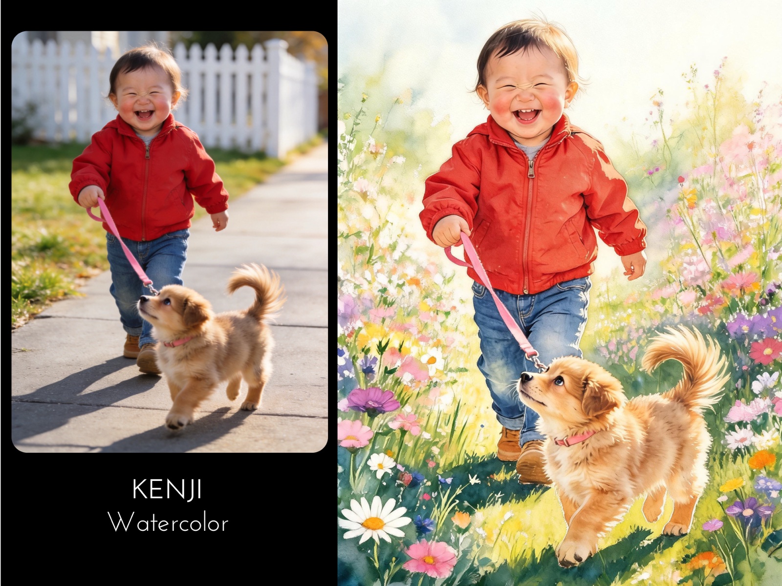 Kenji — photo of a laughing toddler walking a puppy on a leash, transformed into a soft watercolor painting in a wildflower meadow