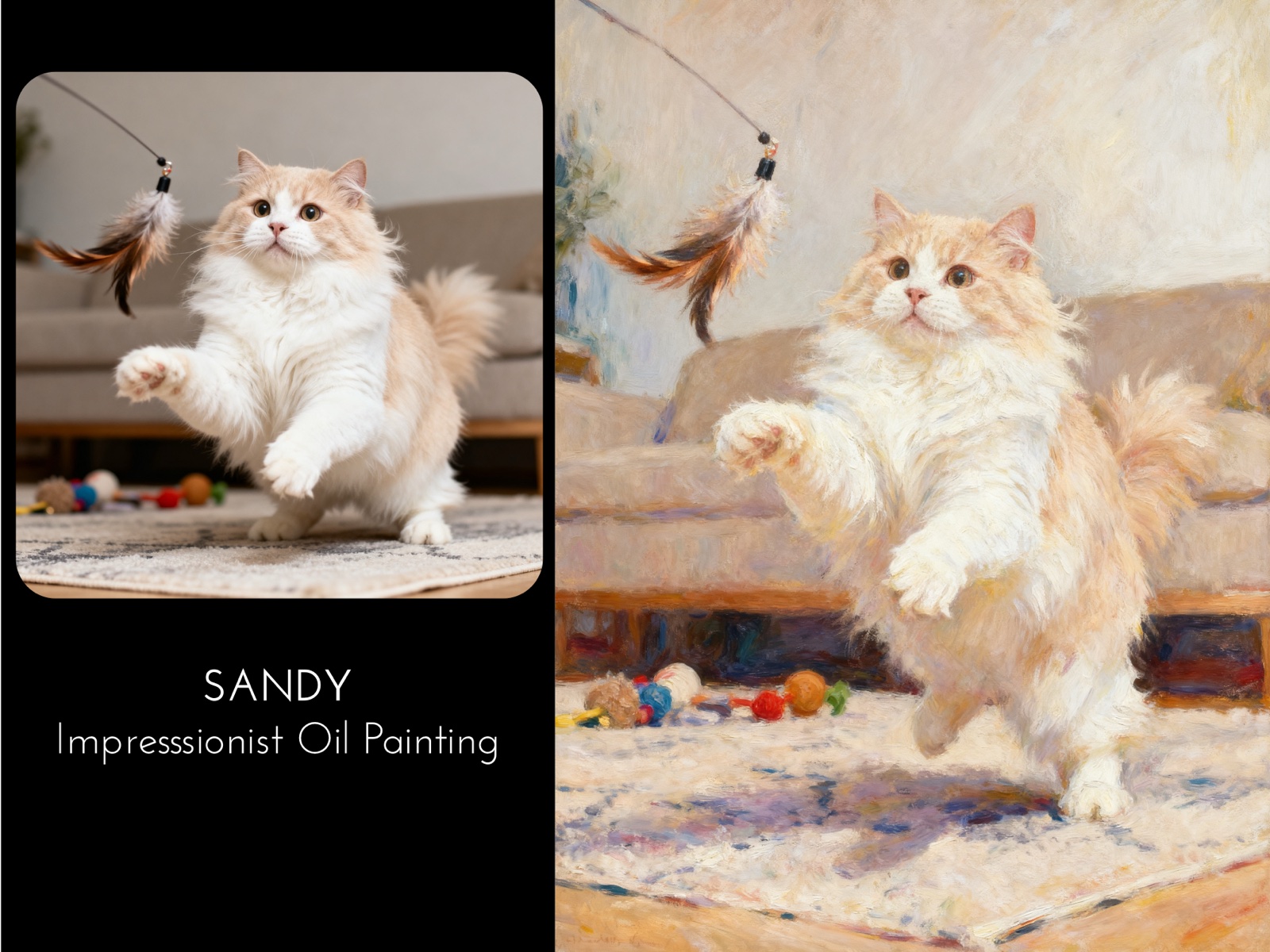 Sandy — photo of a fluffy cat playing with a feather toy transformed into an Impressionist oil painting