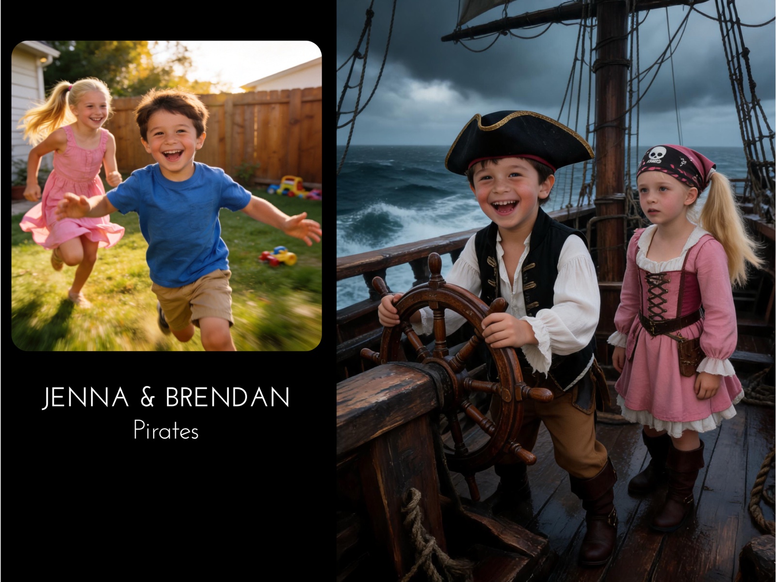 Jenna & Brendan — photo of two kids playing in a backyard transformed into Pirates aboard a tall ship in a stormy sea