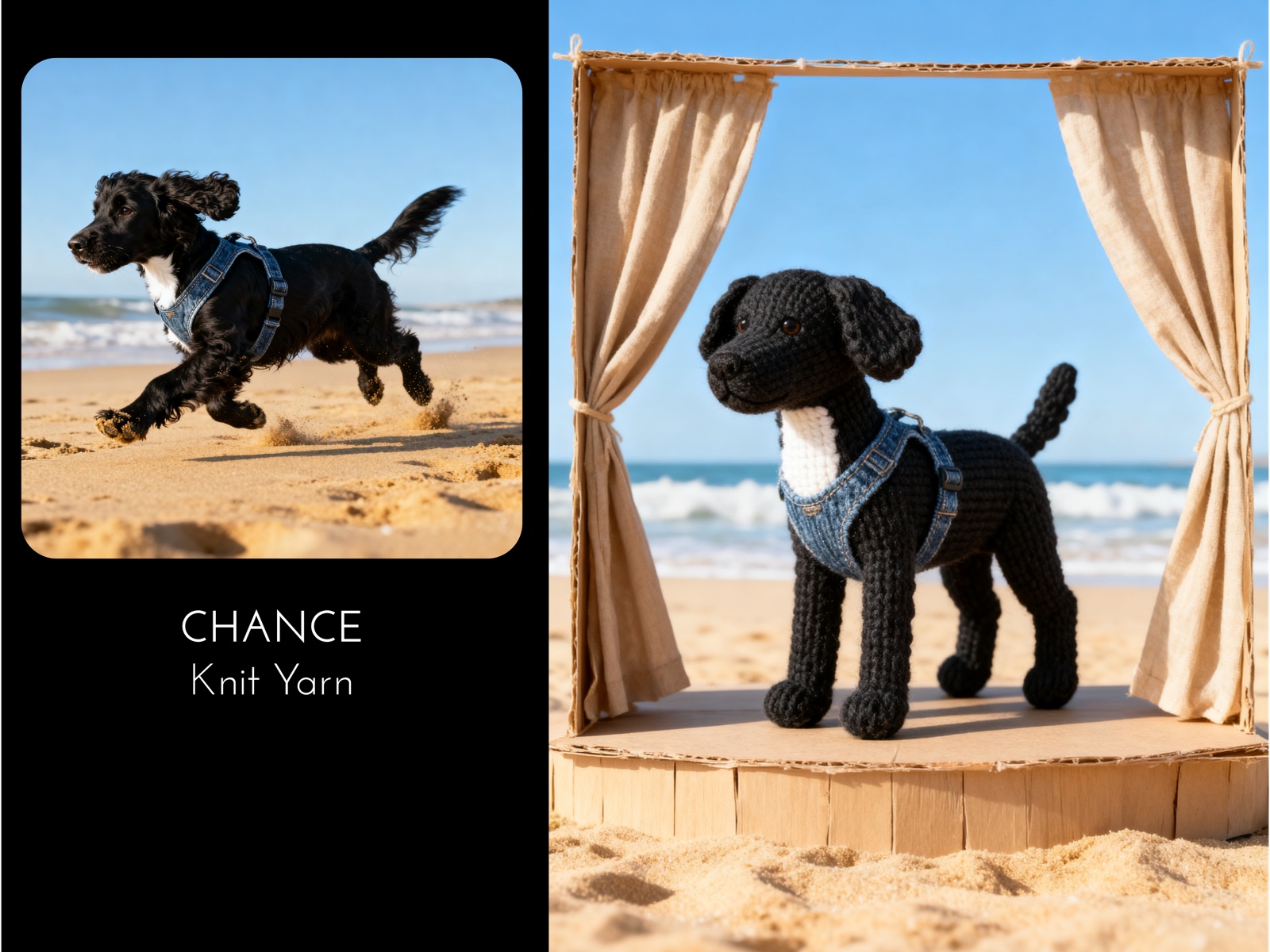 Chance — photo of a black dog running on the beach transformed into a Knit Yarn crochet plush