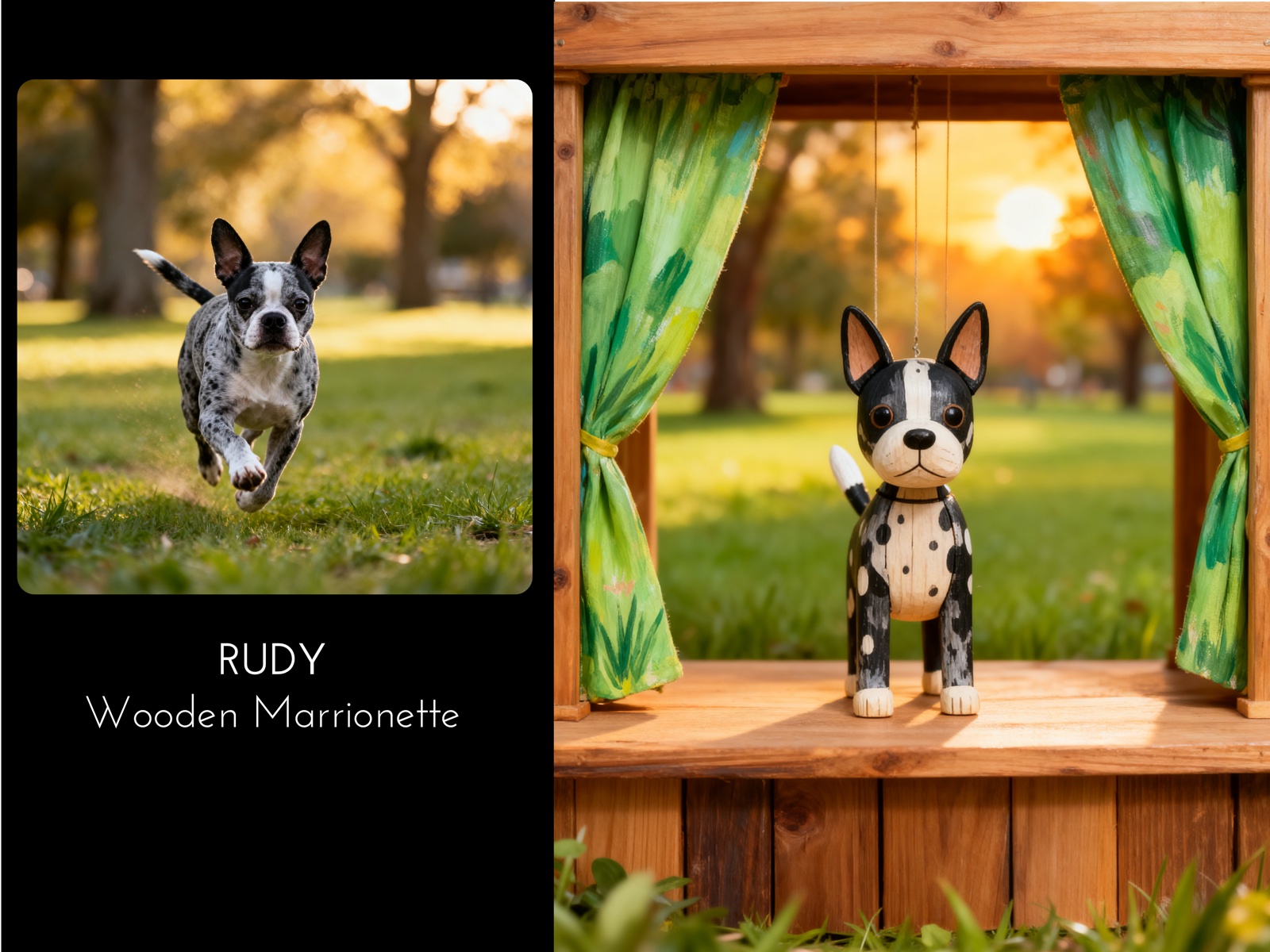 Rudy — photo of a Boston terrier running through a park transformed into a Wooden Marionette