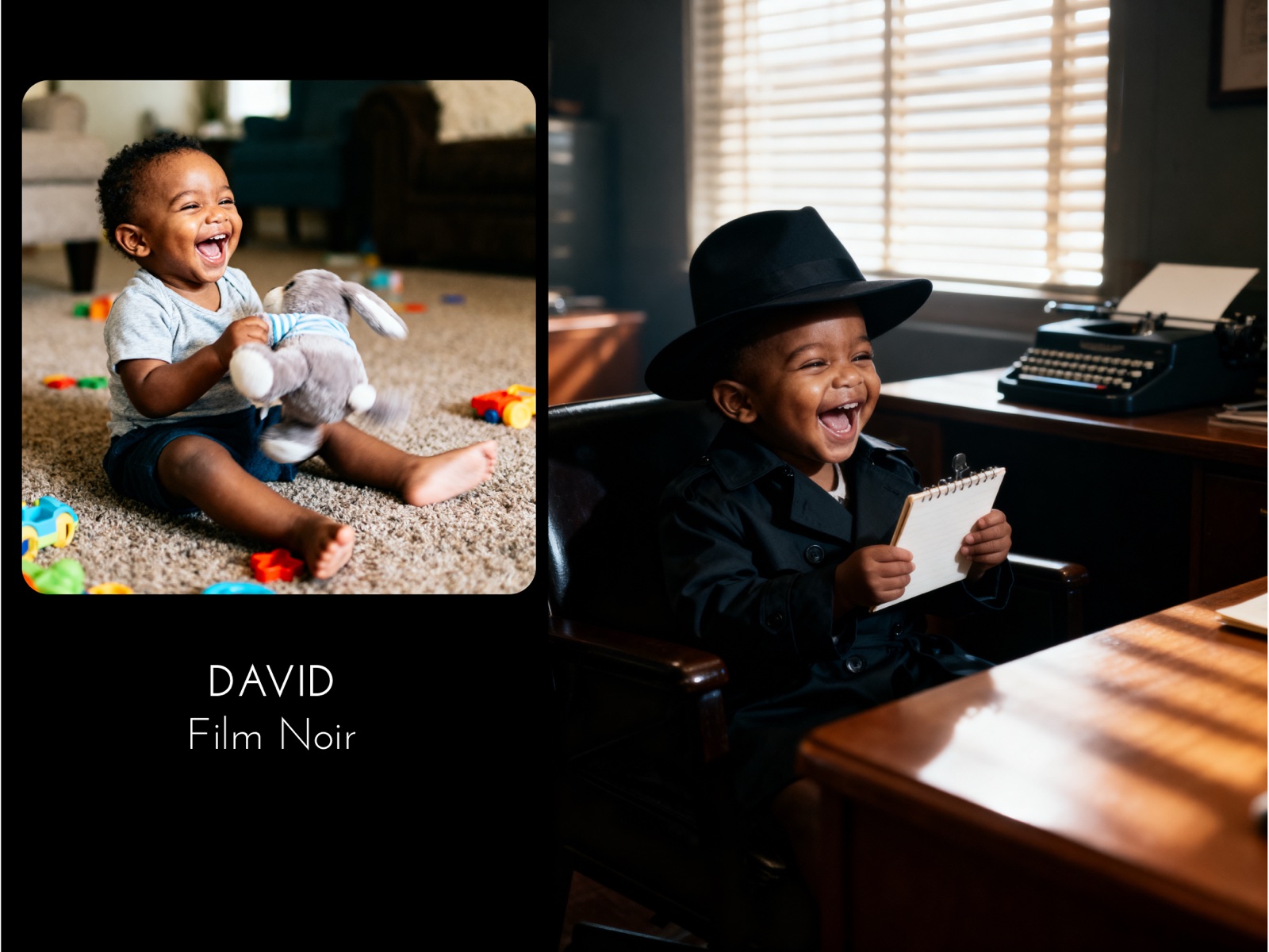 David — photo of a laughing toddler with a stuffed bunny transformed into a Film Noir detective in a fedora and trench coat