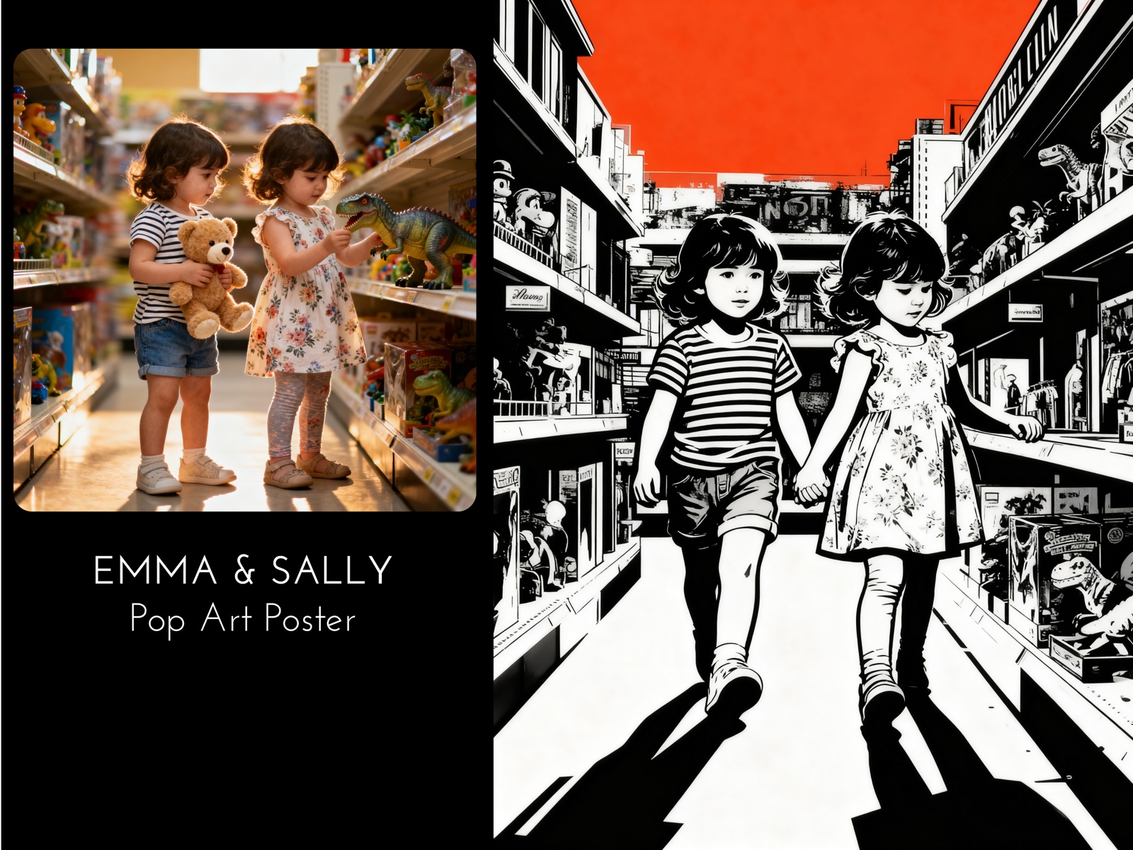 Emma & Sally — photo of toddler girls shopping transformed into a Pop Art Poster