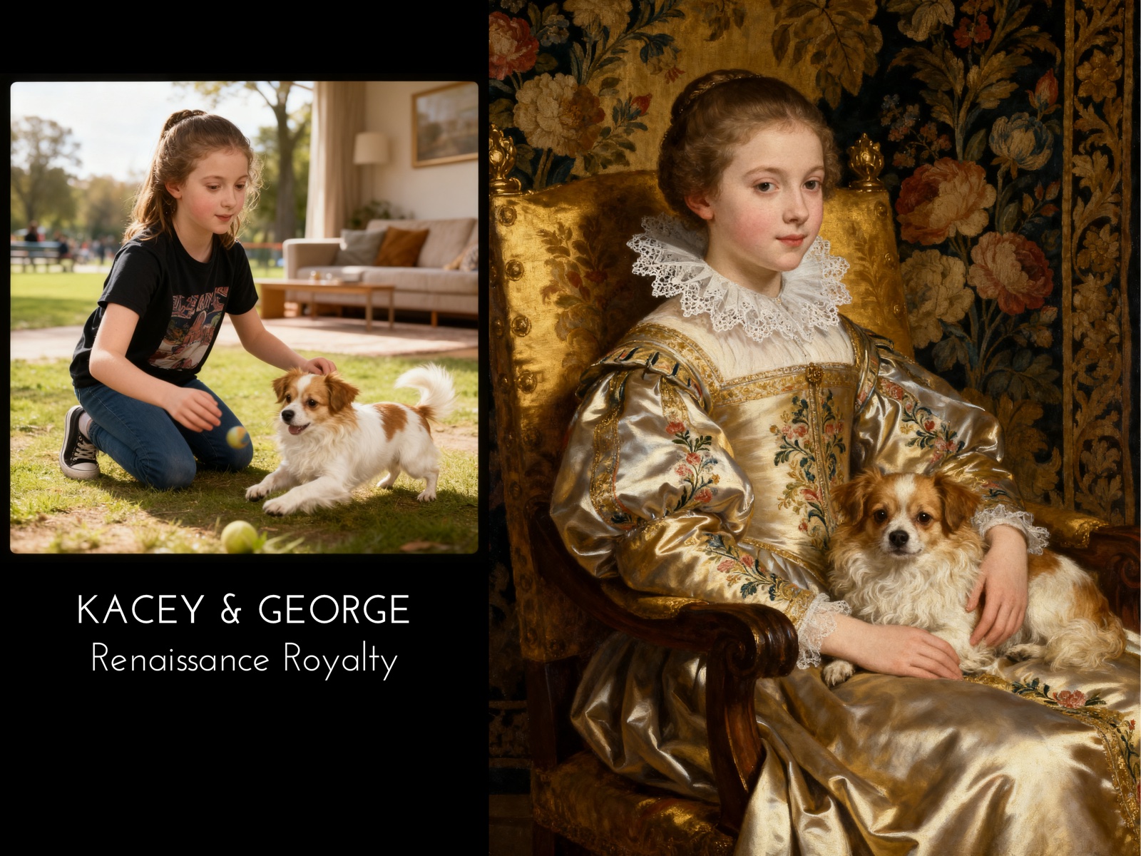 Kacey & George — photo of a girl playing with a small dog transformed into a Renaissance Royalty oil painting