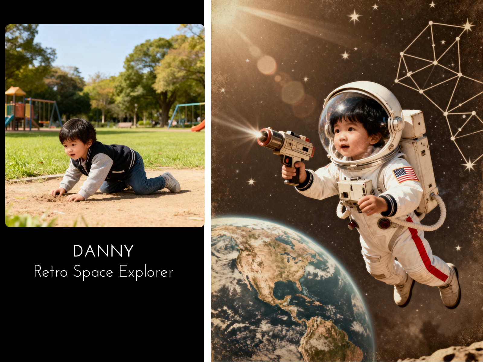 Danny — photo of a toddler boy in the park transformed into a Retro Space Explorer astronaut