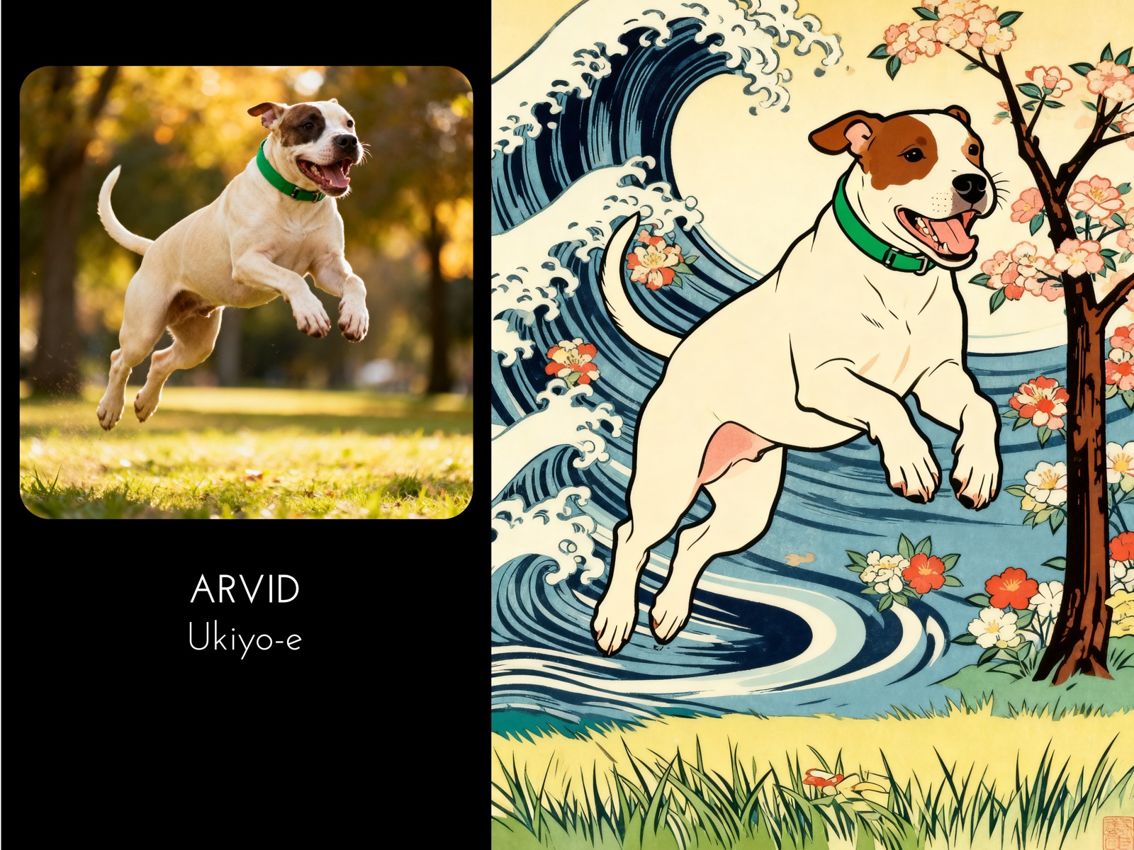 Arvid — photo of a Jack Russell terrier leaping in a park transformed into a Japanese Ukiyo-e woodblock print