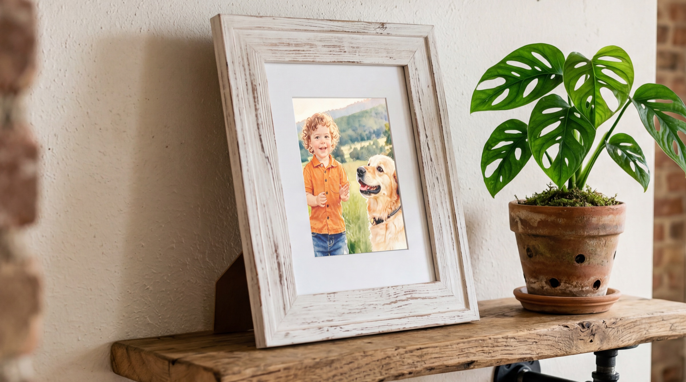 A whitewashed wood frame holding a watercolor portrait of a curly-haired child and a golden retriever, resting on a reclaimed wood shelf beside a potted monstera plant